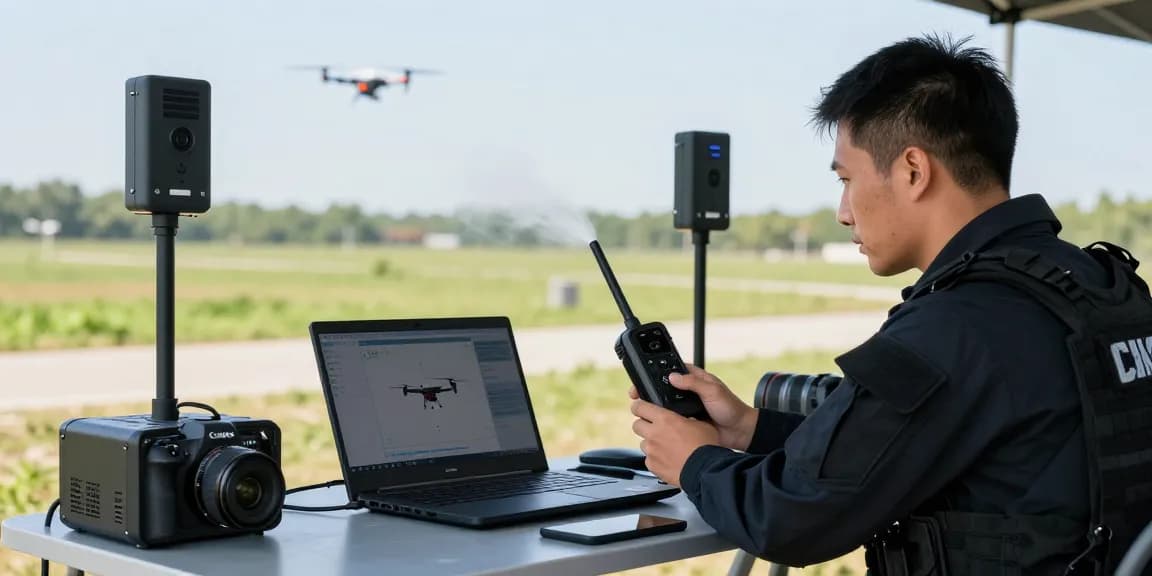 Operator using an anti drone jammer device in outdoor test environment, showcasing advanced technology for UAV defense.