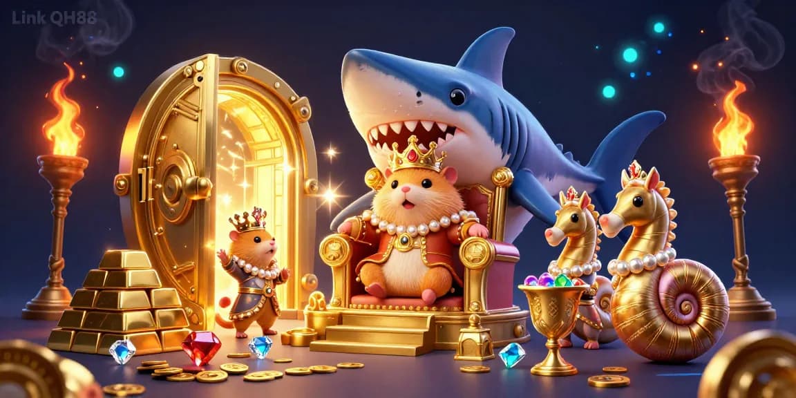 Experience thrilling gameplay with Link QH88's vibrant casino-themed illustration full of treasures.