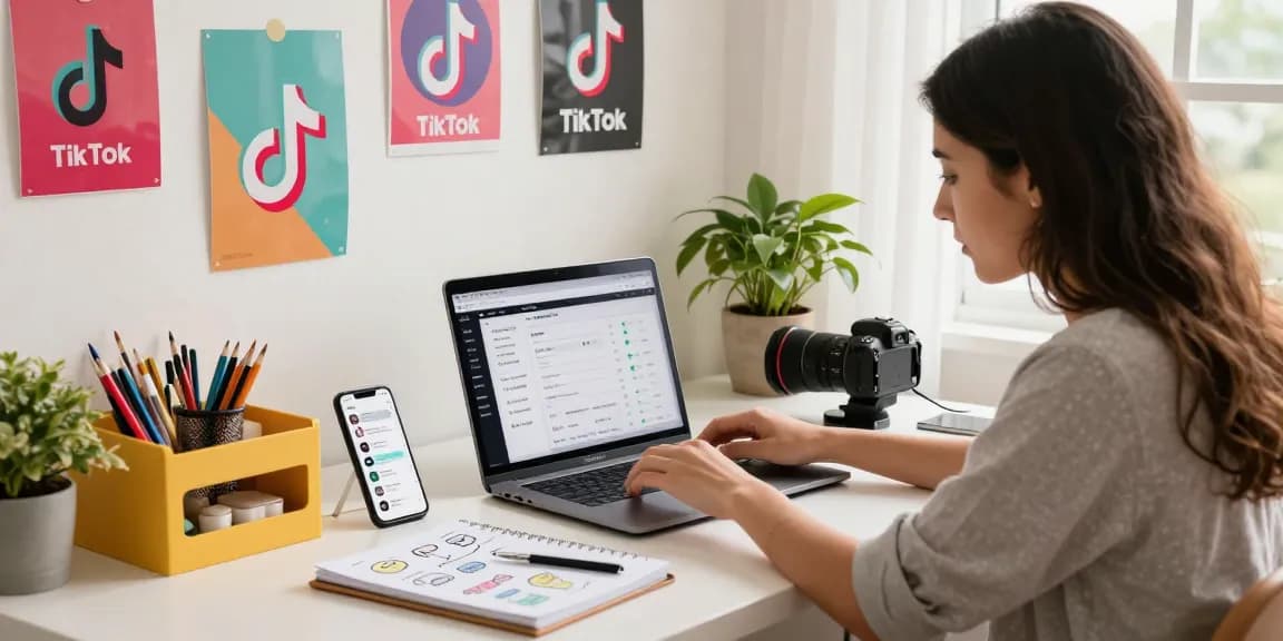 Explore a vibrant workspace showcasing a legit TikTok follower service, featuring social media metrics and creative tools for growth.