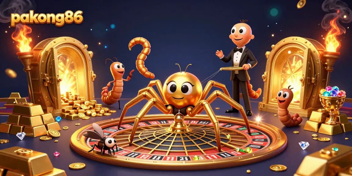pakong86 showcases a golden spider at a roulette wheel, enhancing your gaming experience with thrilling bets.