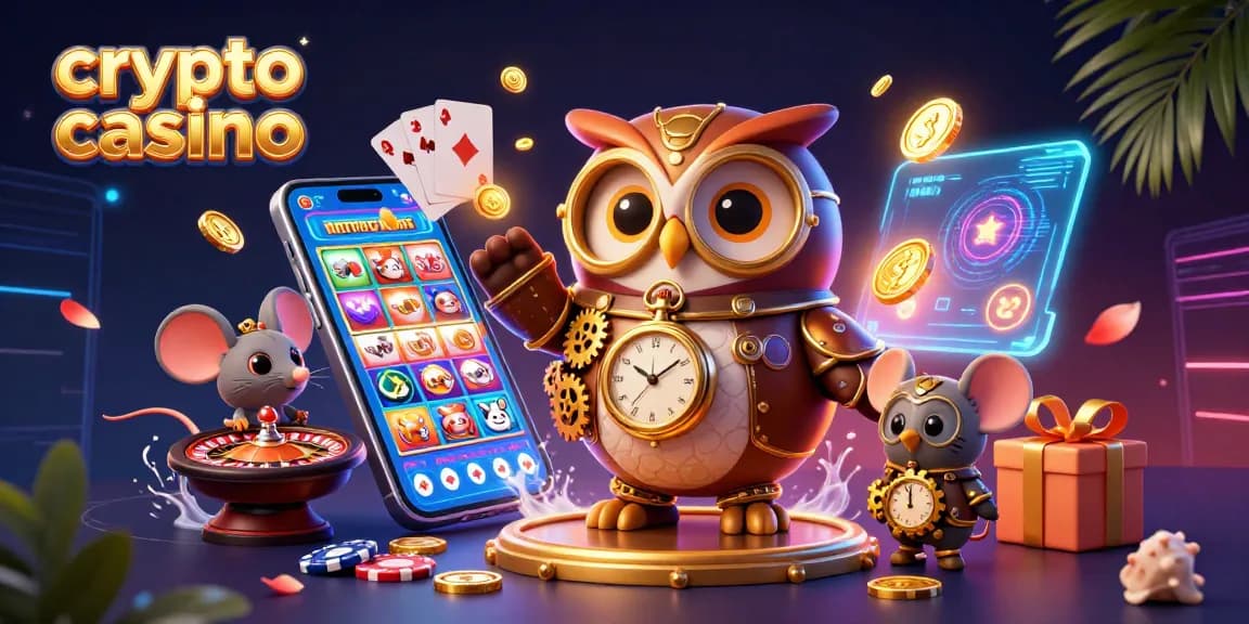 Cosmopolite crypto casino : un hibou steampunk et une souris de poche découvrent un monde d'argent virtuel.