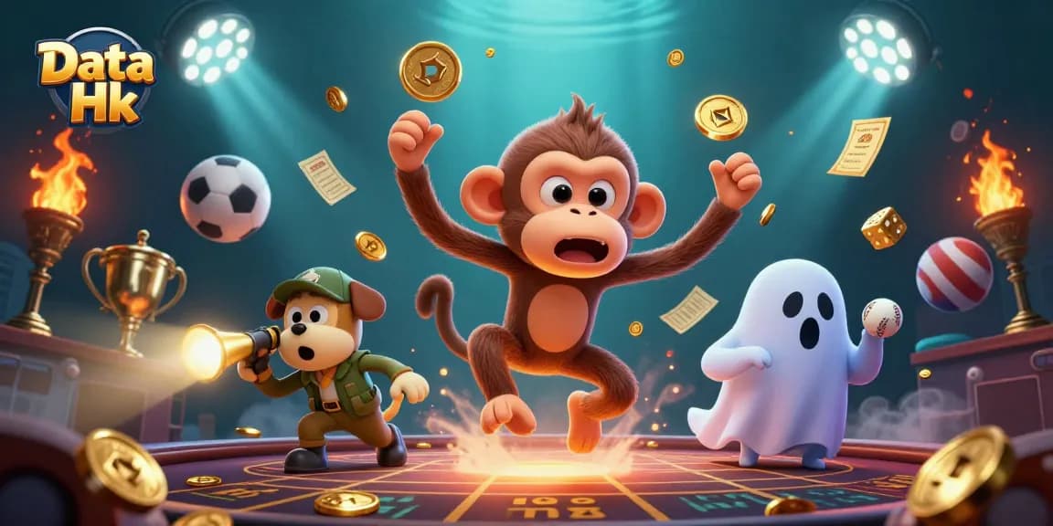 Bet on Data Hk outcomes with a lively scene of a mischievous ghost monkey and ghost-hunter puppy.