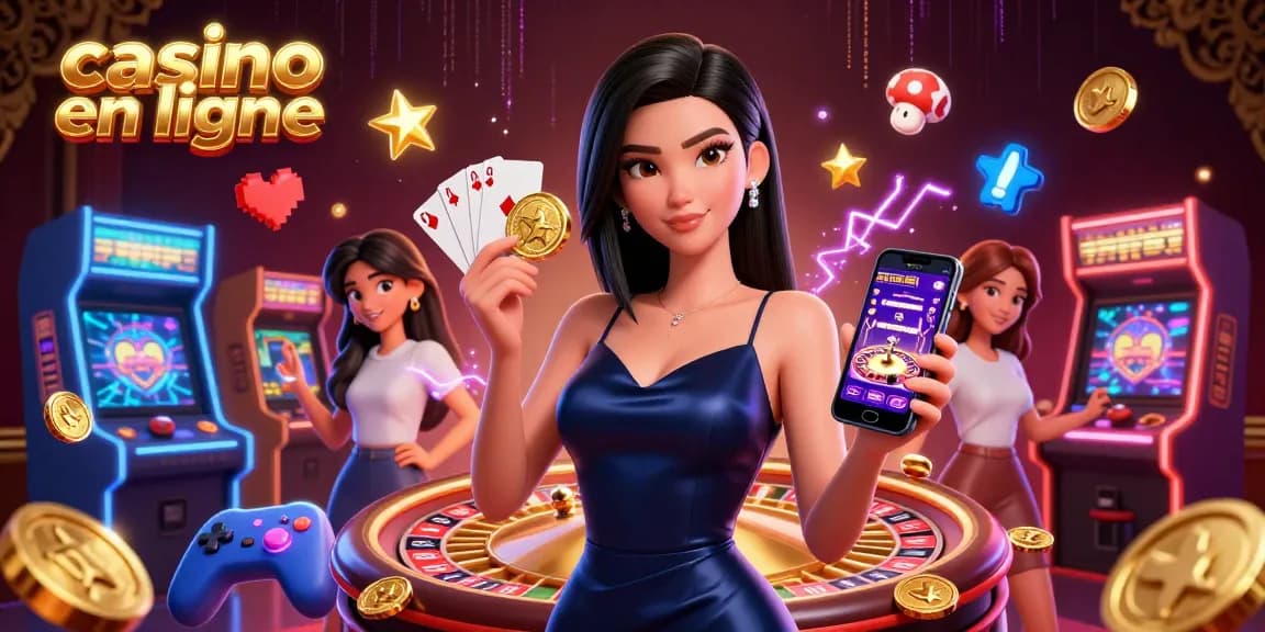 Gagnez gros au casino en ligne avec une femme éblouissante présentant une application de casino et des jetons dorés.