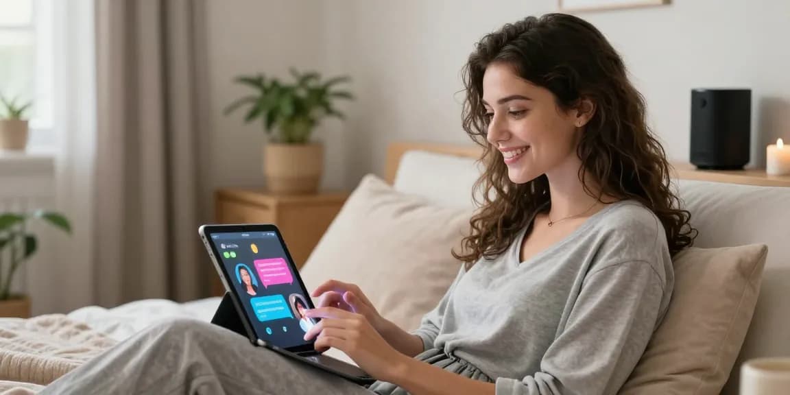 Young woman interacting with her AI girlfriend on a tablet in a cozy bedroom
