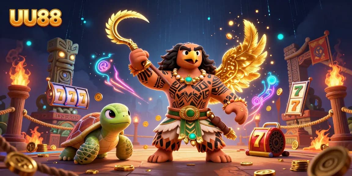 Engage in thrilling gameplay at UU88, featuring a vibrant cartoon depiction of a demigod hawk and turtle in an exciting casino arena.