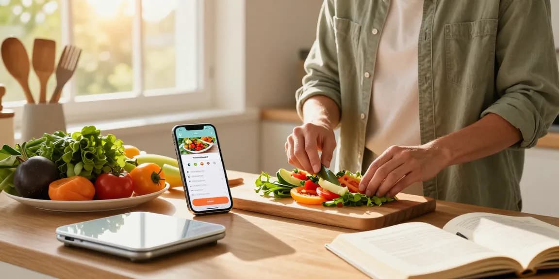 Engaging kitchen scene showcasing the best food tracker app for healthy meal preparation with fresh ingredients.