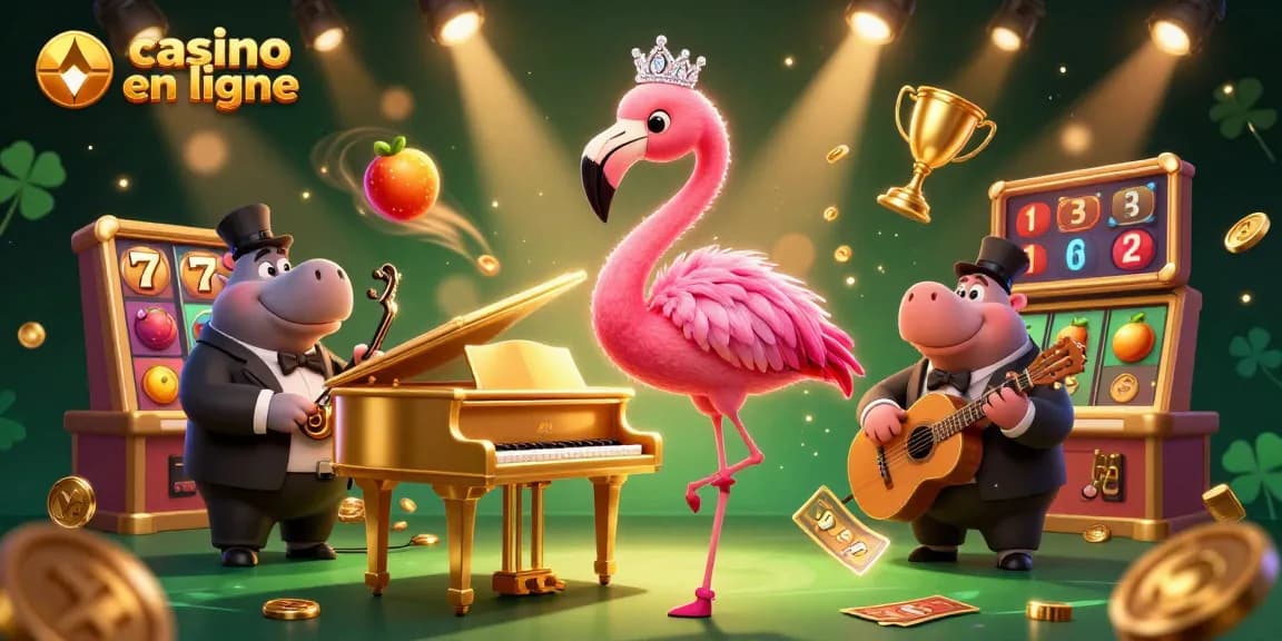 Engage in thrilling gameplay at casino en ligne with a vibrant scene featuring a flamingo singer and hippo bassist