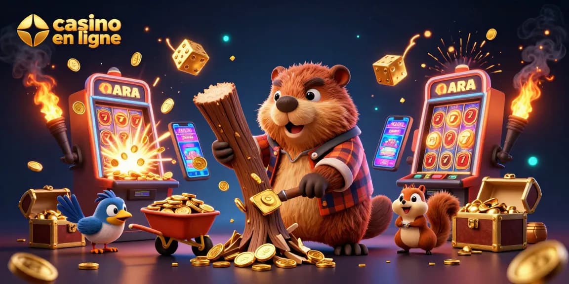 Vivez l'excitation d'un casino en ligne avec un castor, un oiseau et un écureuil entourés d'or et de machines à sous.