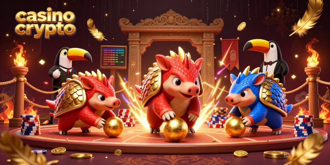 Due pangolini competitivi nel casino crypto giocano con palline dorate e chips sullo sfondo di un'arena