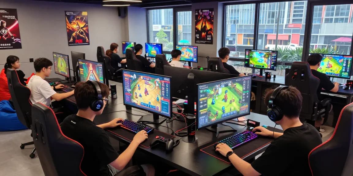 Group of gamers enjoying online card games on 68gamebai platform in a vibrant gaming hub