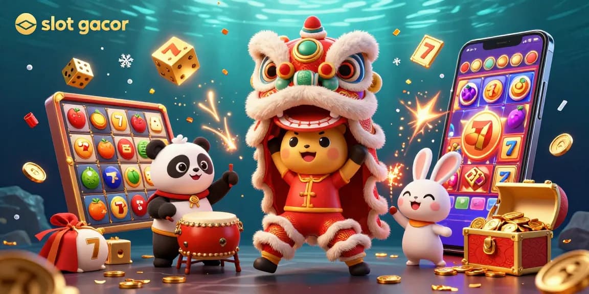 Experience the excitement of slot gacor with a dynamic scene featuring a lion dance, jackpot explosions, and colorful gaming elements.