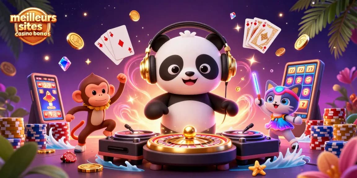 Découvrez les meilleurs sites casino bonus avec un panda DJ dynamique, un singe danseur et un chat rave sous un fond coloré.