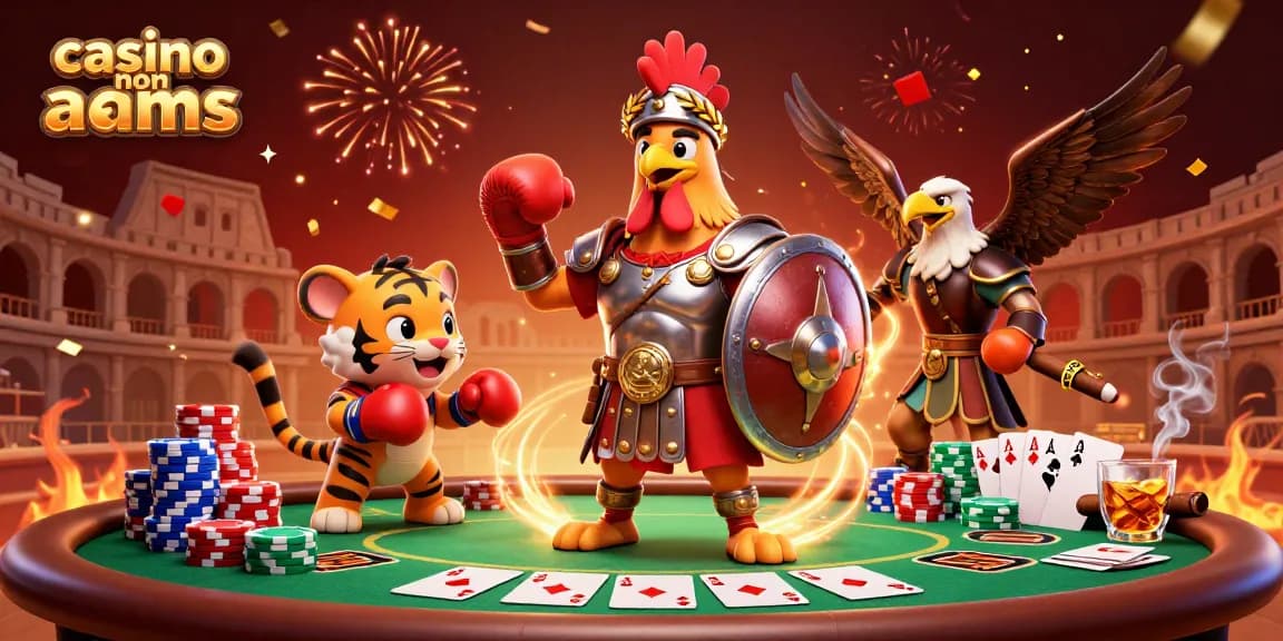 Impegnati con casino non aams con un gallo gladiatore cartoon 3D tra elementi di poker.