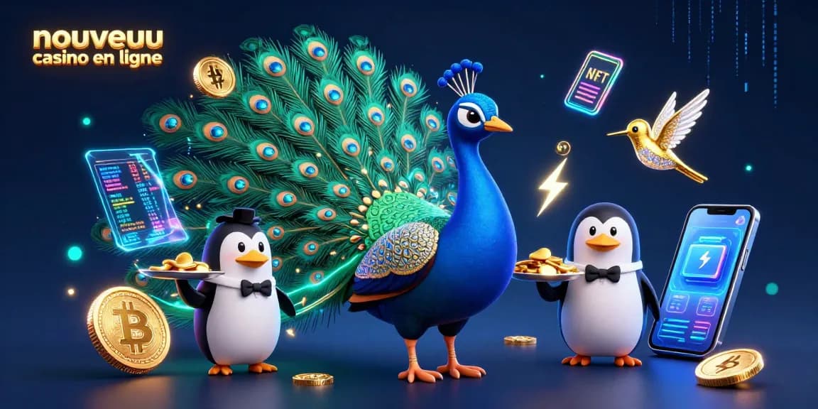 Découvrez le nouveau casino en ligne avec un paon majestueux, un pingouin majordome, et des éléments numériques scintillants.