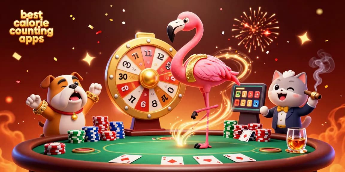 Celebrate the best calorie counting apps with an exciting casino-themed scene featuring vibrant characters and elements.