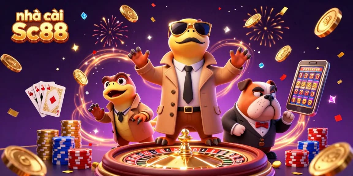 Three raptors in a trench coat enter a VIP lounge at nhà cái Sc88, surrounded by casino elements.