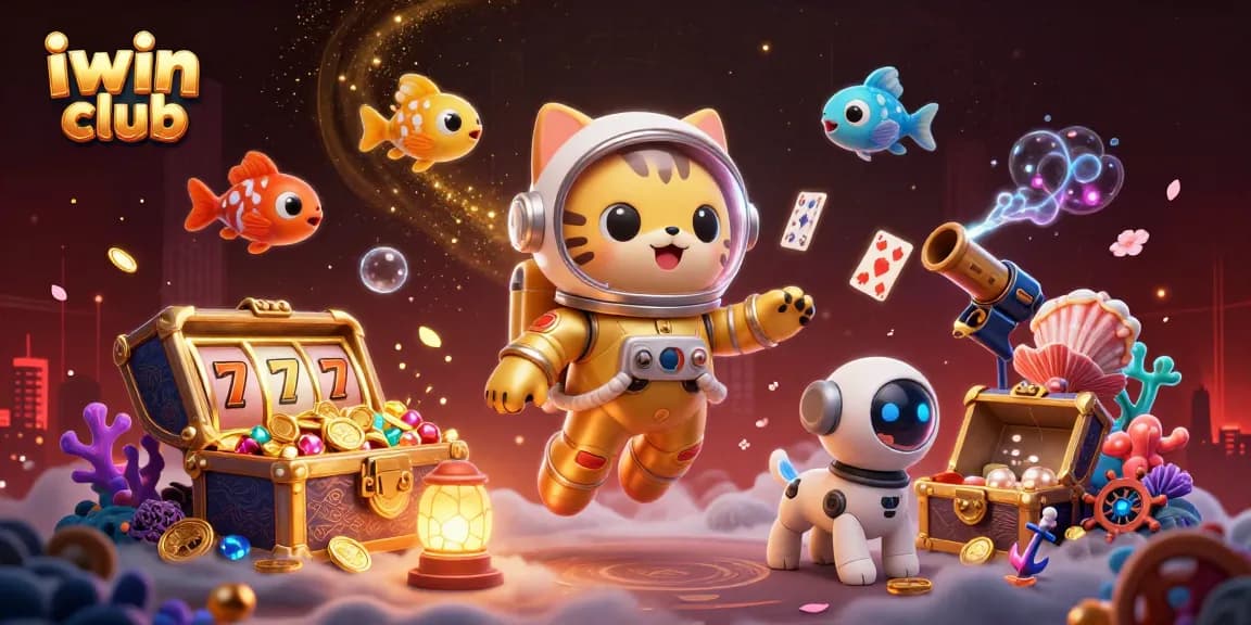 Engage with iwin club's dynamic gaming universe featuring an astronaut cat and treasures.