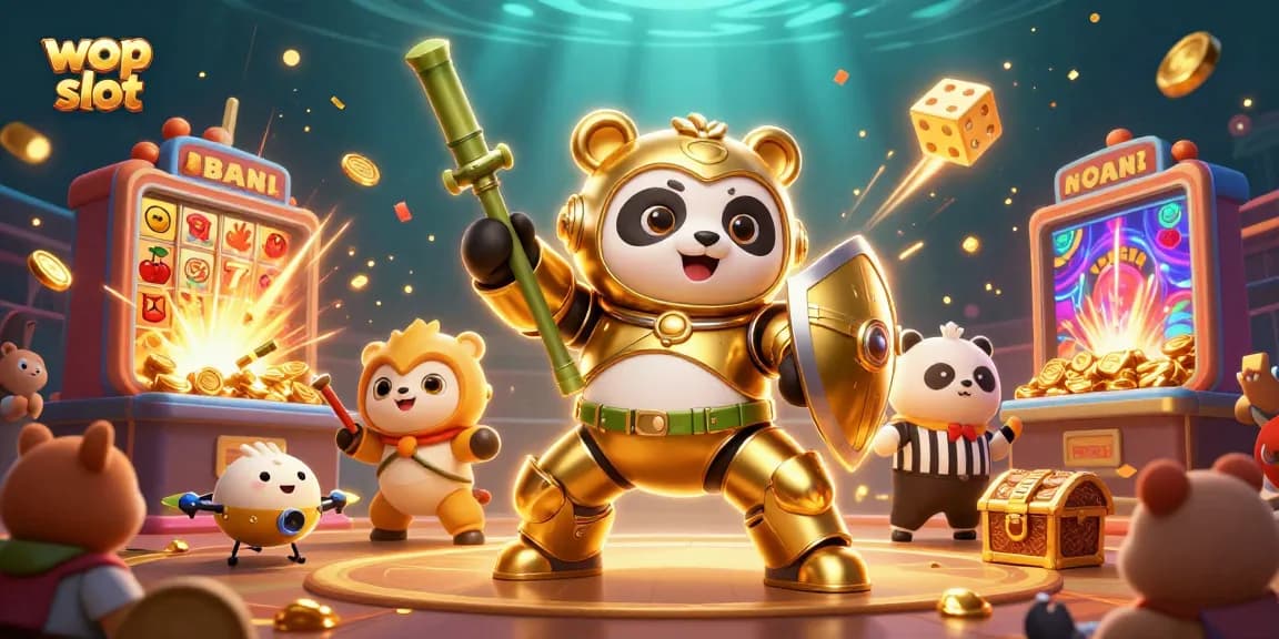 Menangkan wop slot dengan ilustrasi 3D kartun mendetail, menunjukkan slot dan simbol keberuntungan.