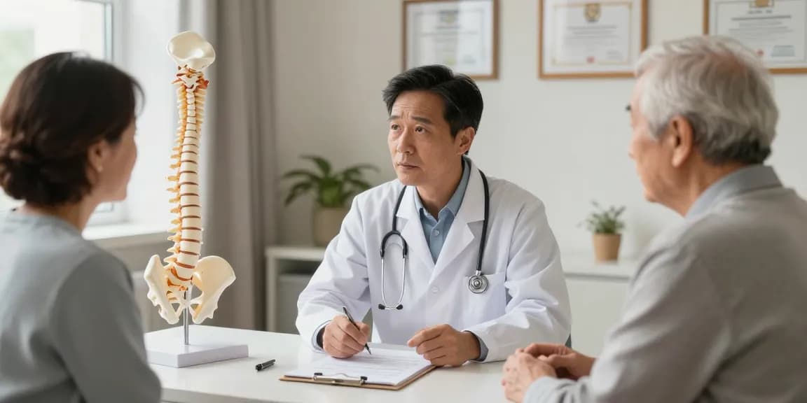 Dar kanal ameliyatı consultation scene showing an elderly patient and a surgeon discussing spinal health.