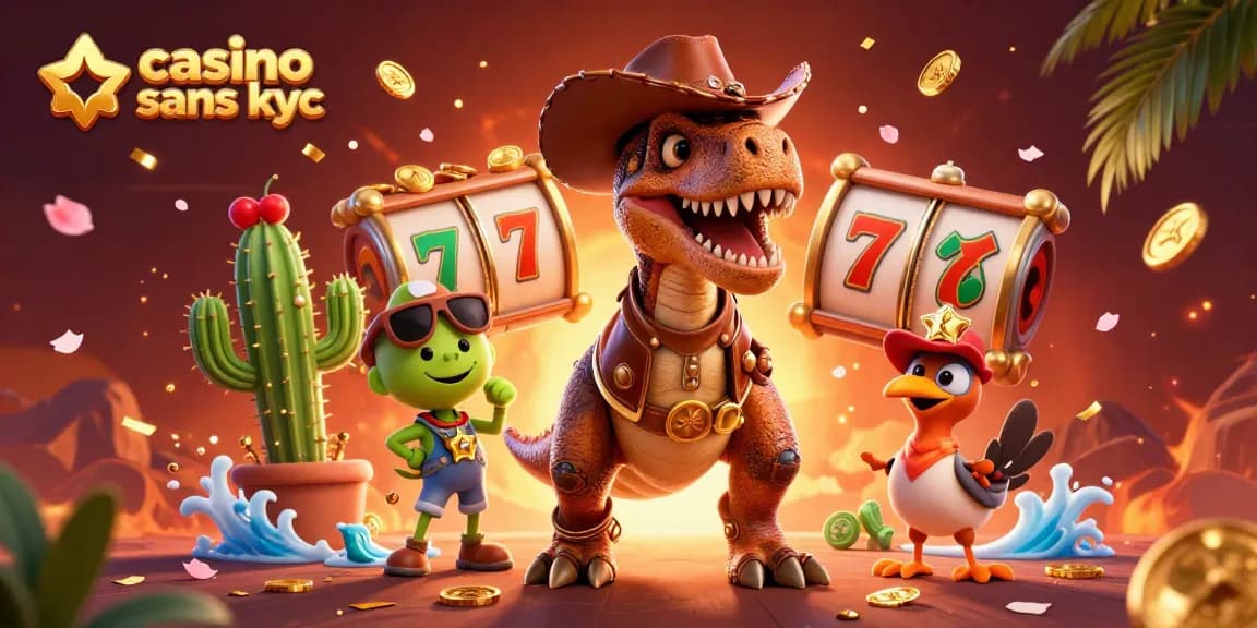 Profitez du casino sans KYC avec des personnages colorés dans une scène de jeu dynamique.