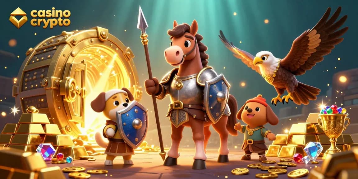 Gioca in un casino crypto con l'affascinante cavaliere e il suo scudiero in un'illustrazione 3D fantastica.