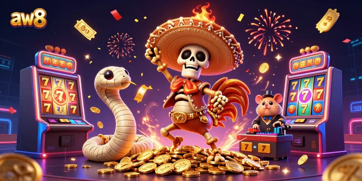 Spin winning jackpots at aw8, featuring a dynamic celebration of animated characters and casino symbols.