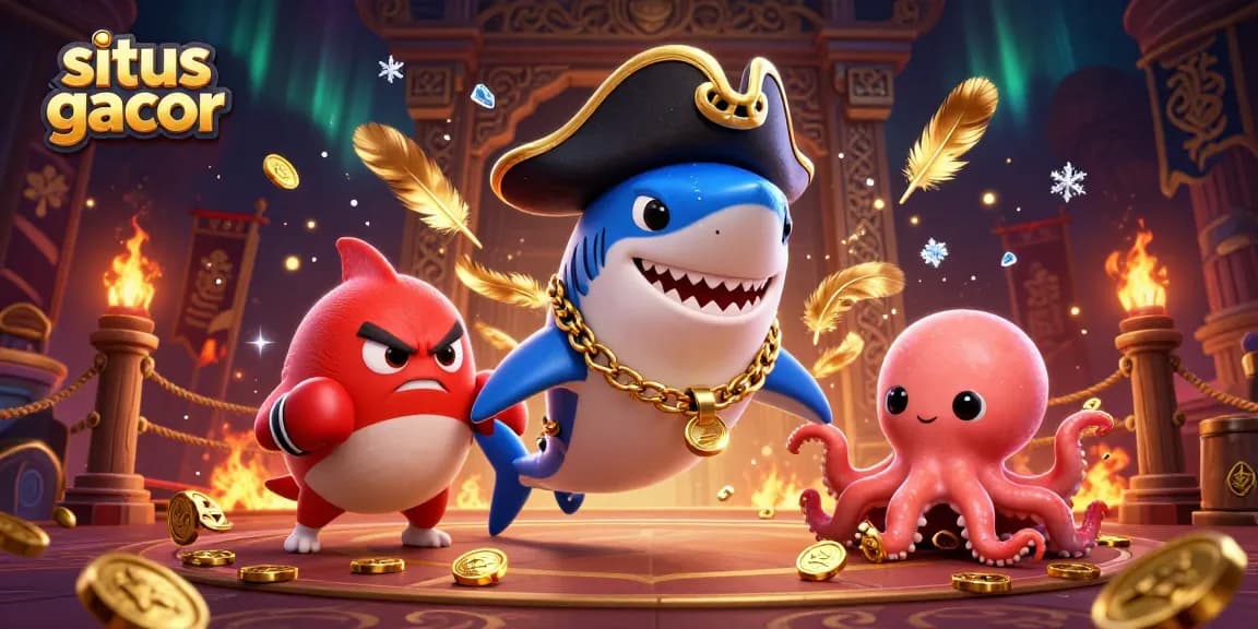 Situs gacor showcases a dynamic 3D cartoon pirate shark, pufferfish, and octopus in a vibrant casino scene.
