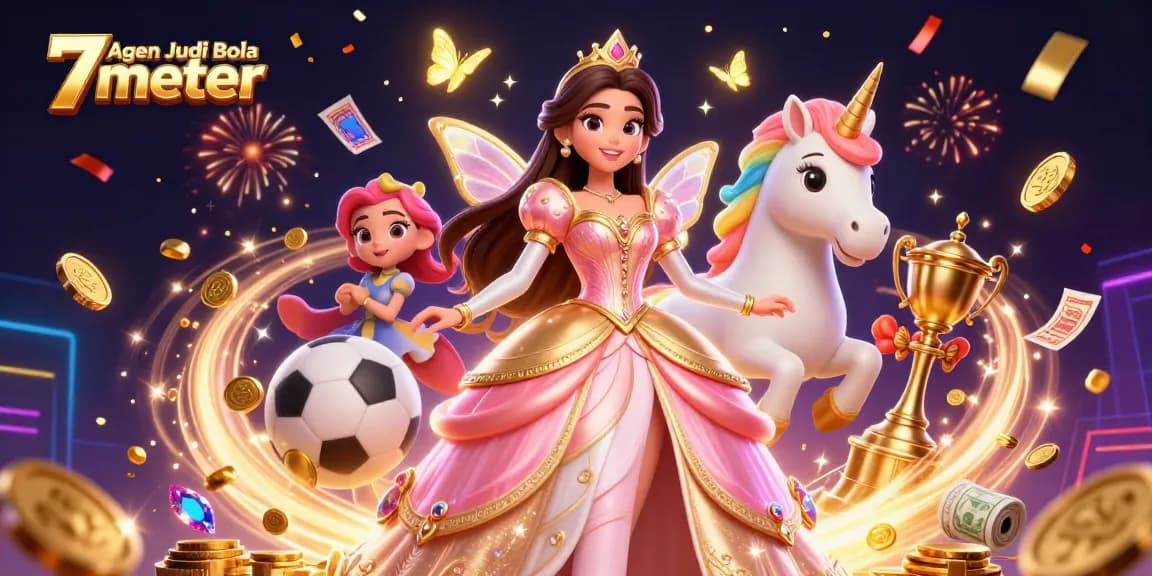 Agen Judi Bola 7meter features an energetic scene with a glamorous character, sports elements, and floating cash.