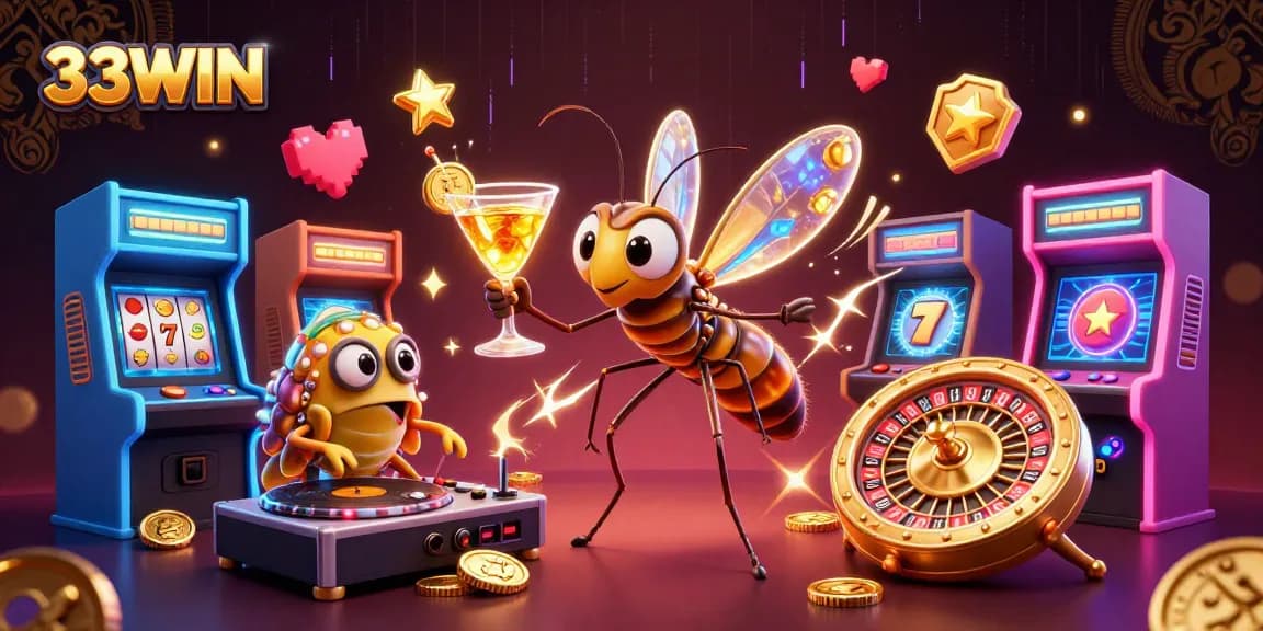 Experience the excitement of 33WIN with a vibrant casino scene featuring unique characters and gaming elements.