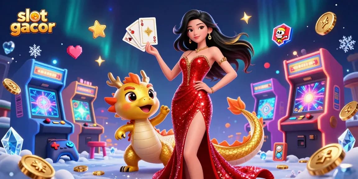 Win big on slot gacor with a stunning Asian figure and golden dragon in a vibrant casino scene.