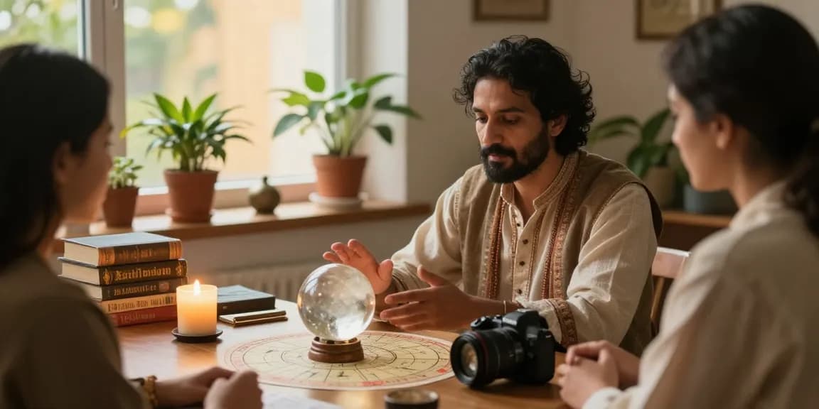 Client consultation with the Best Astrologer in India, showcasing a cozy home office with astrology charts and warm lighting.