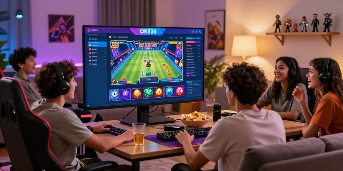 Friends enjoying an exciting gaming session on OK8386 platform in a modern living room.