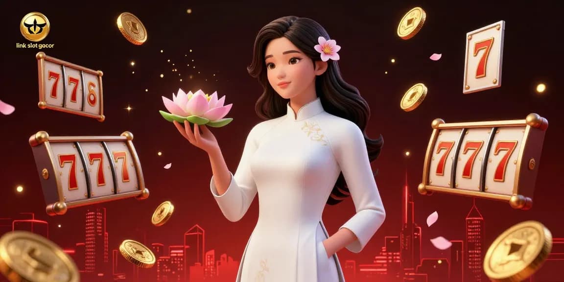 Rasakan sensasi link slot gacor saat seorang wanita Asia yang tenang memegang bunga lotus dan koin emas di kasino yang semarak.