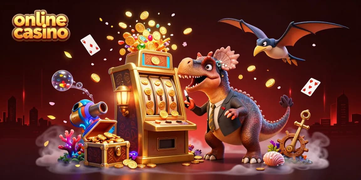 Akcijski prizor z 3D igralnim avtomatom v online casino, medtem ko dinozaver udarja vanj za jackpot.