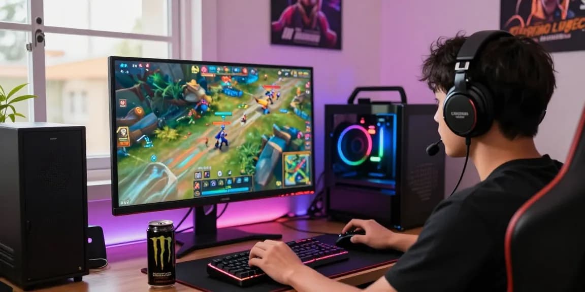 Mobile Legends cheap top up gaming scene with focused gamer in a cozy room and vibrant setup.