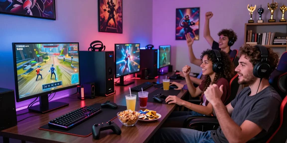 A lively gaming session showcasing friends on indocair platform, immersing in digital games with snacks and vibrant atmosphere.