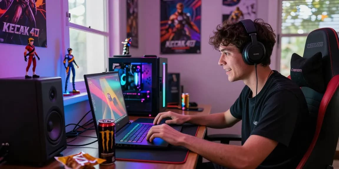 Gamer immersed in a kecak4d gaming session at home with vibrant decor and snacks.