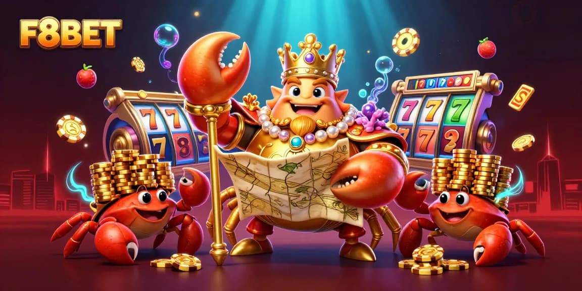 Experience F8BET's vibrant gaming world with a golden crab emperor, treasure map, and stacked chips.
