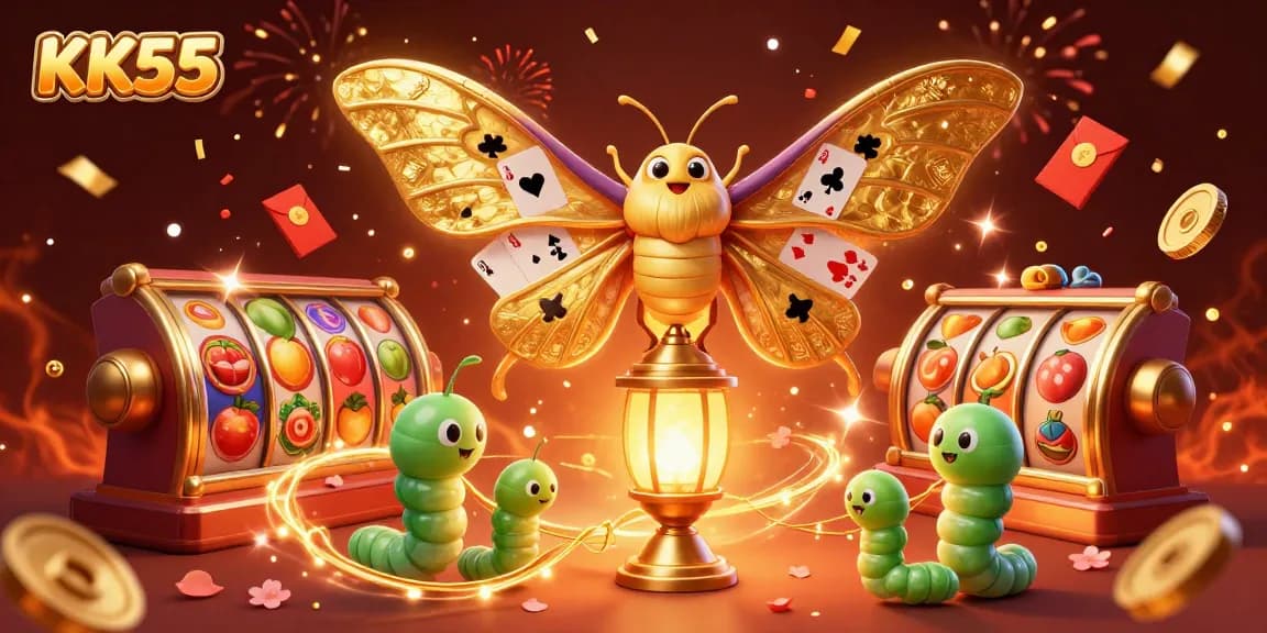 Spin the reels at KK55 with vibrant slot elements and a majestic moth character amidst a festive background.
