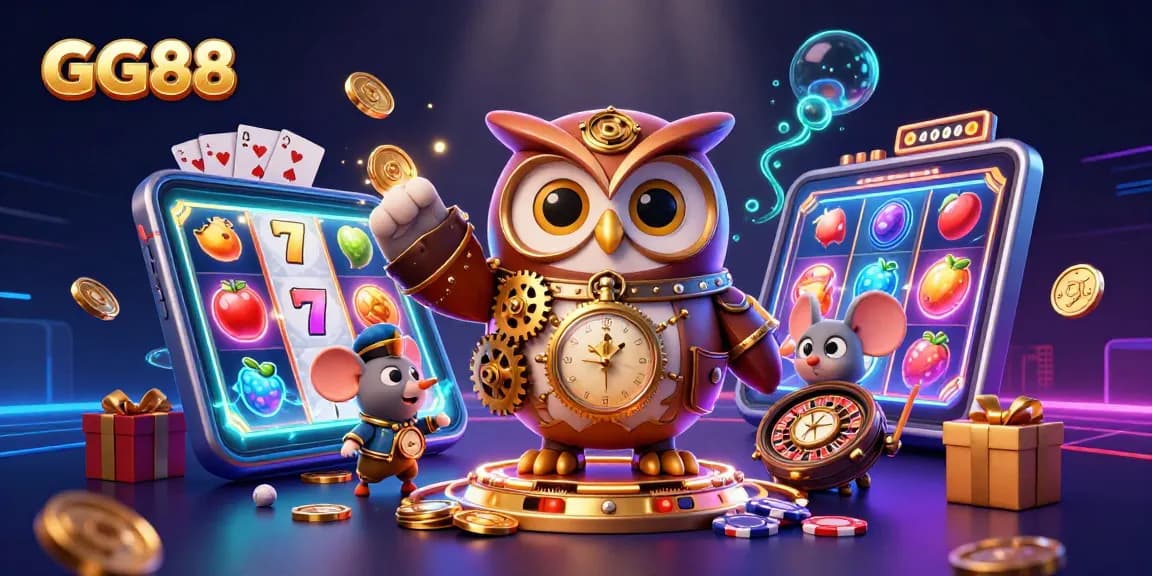 Experience thrilling slot jackpots with GG88 in this vibrant 3D illustration of a dynamic gambling scene.
