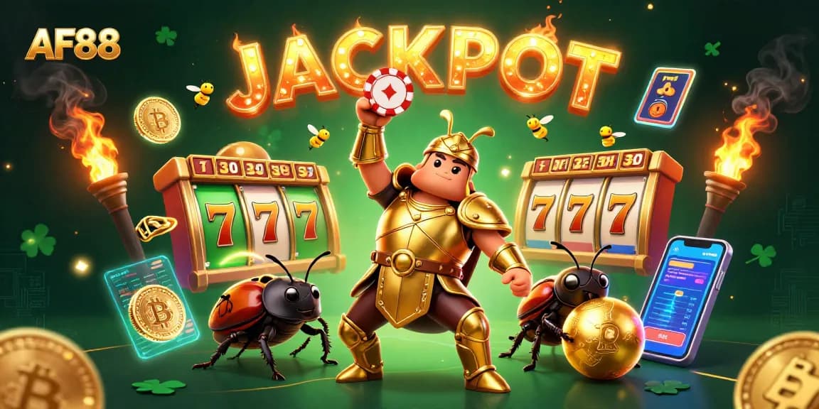 Engage with AF88's thrilling gaming experience, showcasing characters in a vibrant casino-themed setting.