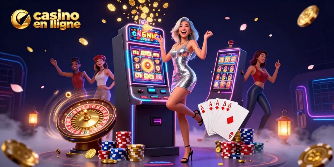Experience vibrant casino en ligne action with a glamorous Asian woman celebrating a jackpot win amidst dynamic game elements.