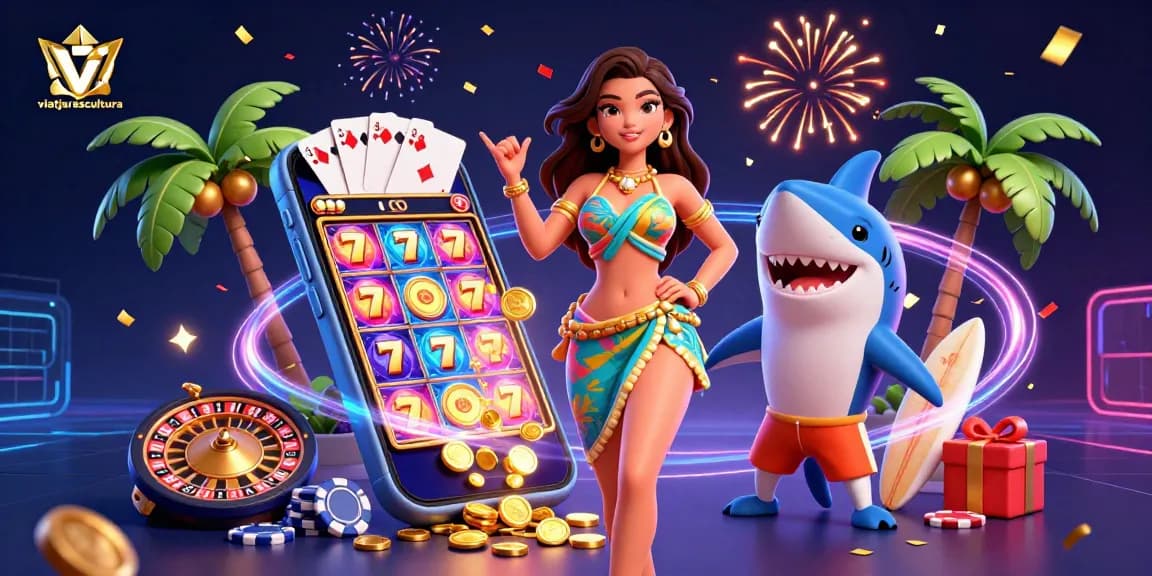 Engage with viatjarescultura's vibrant gambling scene featuring slot games and festive elements.