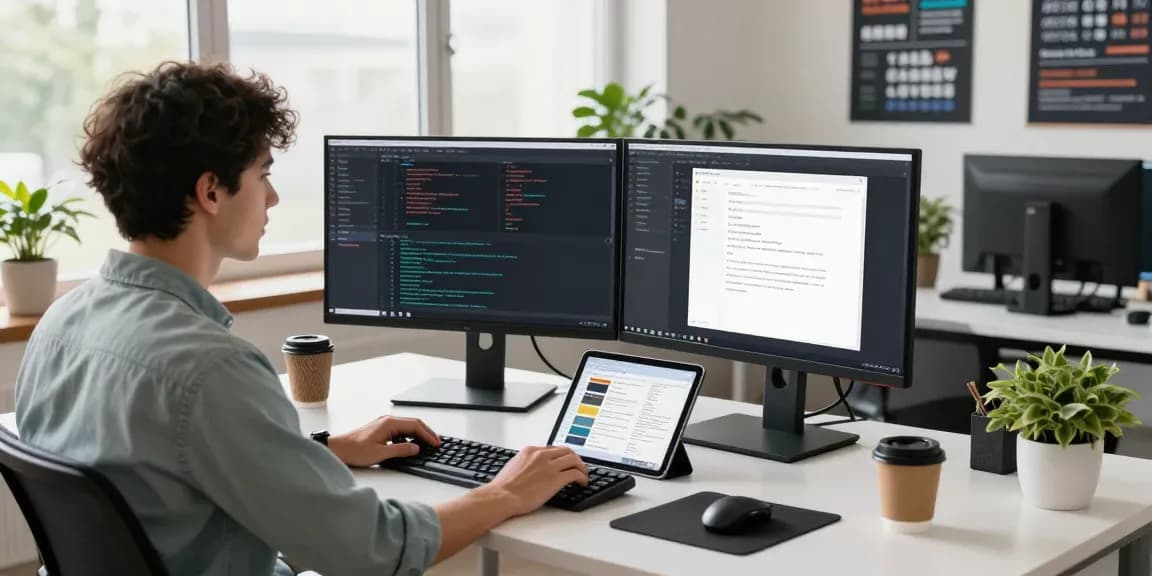 Developer using 快连 in a modern workspace, with dual monitors and vibrant ambiance.