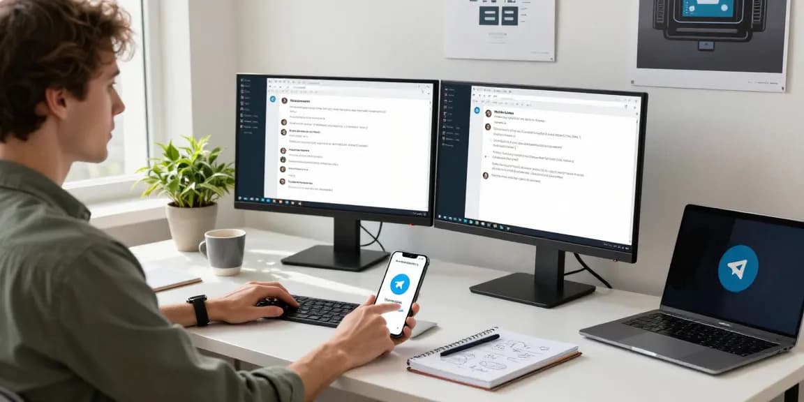 Effective workspace for using telegramin-cn.com for digital communication, featuring a modern desk setup and engaging tech elements.