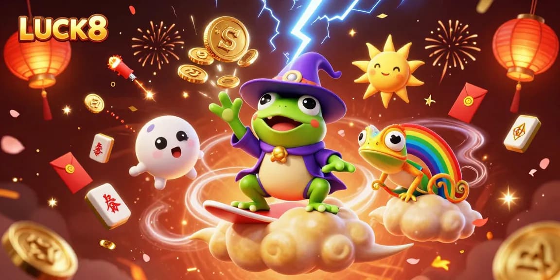 LUCK8 engages players with a stunning 3D scene of vibrant characters and casino elements.