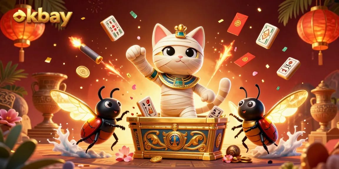 Spin the reels with okbay's vibrant Egyptian-themed online casino illustration featuring a mummy cat and scarab beetle.