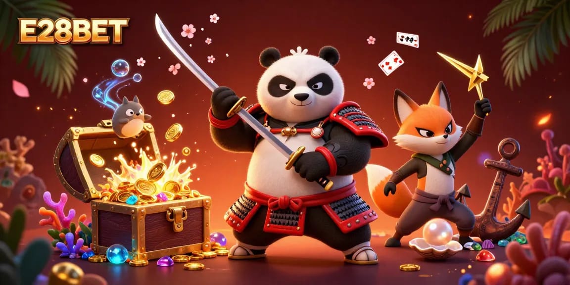 E28BET betting scene featuring a samurai panda, ninja fox, treasure, and gaming elements in vibrant colors.