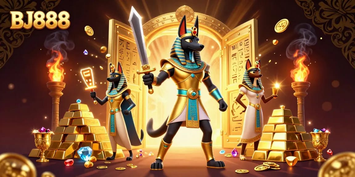 Experience the thrill of BJ888 with Anubis and Bastet in a lively casino scene.