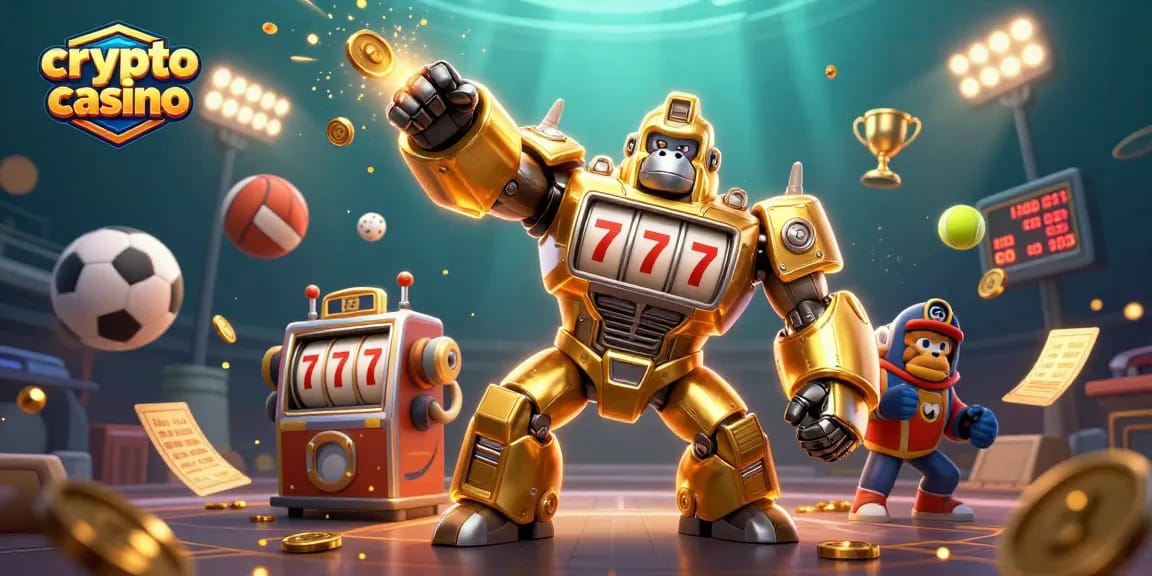 Découvrez un spectacle dynamique au crypto casino avec un gorille mech doré et des éléments de jeu captivants.